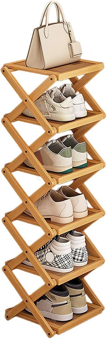 Simcat Bamboo Folding Shoe Rack for Entryway, Narrow Installation Free Dorm Closet Shoe Racks, Vertical Front Door Entrance Shoe Racks
