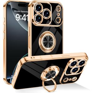 Dinick Designed for iPhone 17 Pro Max Case with Ring Holder Soft TPU Bumper Glitter Plated Slim Cover for Women Men Finger Stand for iPhone 17 Pro Max Case Black and Gold