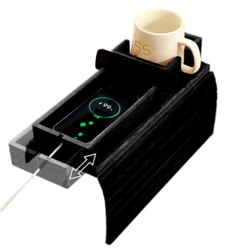 CNQLIS Bamboo Couch Cup Holder - Detachable Sofa Armrest Tray, Anti-Slip Foldable Sofa Table Tray for Drinks, Cellphone, Remote, Snacks, Versatile 2-in-1 Couch Arm Tray Set (Black)