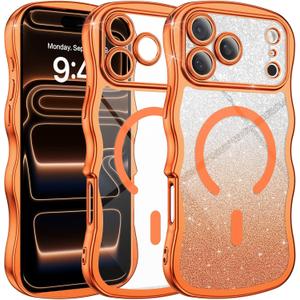 BENTOBEN for iPhone 17 Pro Max Case Clear, [Compatible with MagSafe][Full Camera Protection][Cute Wave Frame][DIY Glitter Cardstock] Electroplated Wavy Shockproof 17ProMax Phone Case, Cosmic Orange
