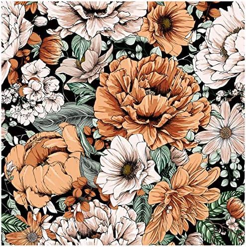 HAOKHOME Vintage Wallpaper Floral Peel and Stick Wall Paper Removable Large Peony Black/Orange/Pink Vinyl Self Adhesive for Bathroom 17.7in x 9.8ft