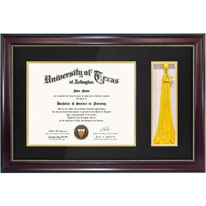 GraduationMall 11x17 Mahogany Diploma Frame with Tassel Holder for 8.5x11 Certificate Document,Real Glass, Black over Gold Mat