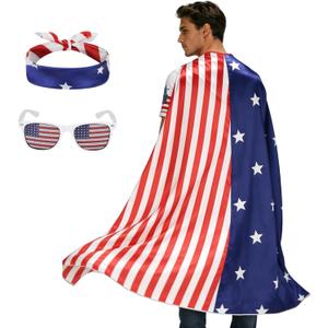 HAPNBCELE Adult 4th of July American Flag Cape Costume, Retro 80s USA Patriotic Outfit for 250th Anniversary Independence Day (New-flag, 150cm/59inchs)