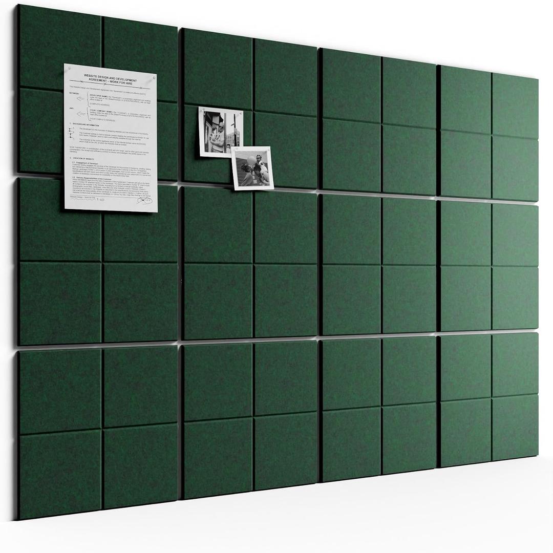 Bumusty Large Felt Bulletin Board, 48" x 36" Cork Board Alternative, 12-Pack Wall Tiles with 4-Compartment Design, 30 Push Pins, 70 Adhesive Tabs, Ideal for Office & Home Decor, Pine Green