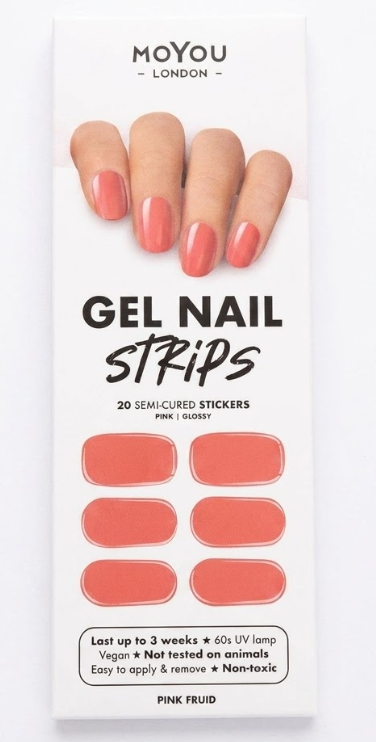 MOYOU LONDON Semi Cured Gel Nail Strips - 20 Pcs. Waterproof Gel Nail Wraps, Cures in Sunlight or UV/LED Lamp, Lasts Up to 2+ Weeks, Stretchable, Easy to Apply & Remove, Vegan & Cruelty-Free, Pink