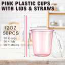 Ziliny 50 Pack 12oz Pink Clear Plastic Cups with Lids and Straws, PET Disposable Drinking Cups, Disposable Iced Coffee Cup for Smoothies, Cold Drinks, Parties, Wedding, Meeting, Drink Shops