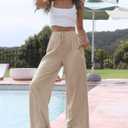 Faleave Women's Cotton Linen Summer Palazzo Pants Flowy Wide Leg Beach Trousers with Pockets (Beige, M)