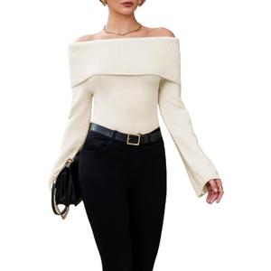 GORGLITTER Women's Off The Shoulder Sweater Long Sleeve Ribbed Knit Pullover Top Trendy Fall Outfits 2025 (Medium)