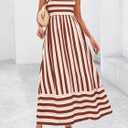 PRETTYGARDEN Womens Boho Floral Striped Summer Maxi Dresses Spaghetti Strap, Striped White Red Brown (M)
