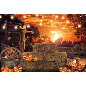 Funnytree 82" x 59" Halloween Photography Backdrop Hallowmas Eve Gloomy Devil Pumpkin Scarecrow Background Horrible Scary Nightmare Party Banner Dress Up Decor Favors Gifts Photobooth Props