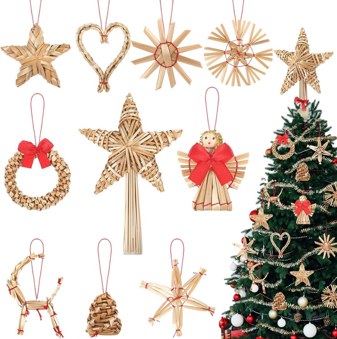 Gejoy 27 Pcs Straw Ornaments Set Scandinavian Christmas Decorations Include 1 Star Tree Topper 26 Straw Pendants for Danish Norwegian Nordic Christmas Tree