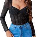 Avidlove Women Long Sleeve Bodysuit Sparkle Body Suits Top Mesh One Piece Leotard Shirt Going Out Tops Fall Outfits S-XXL (Large, Black)