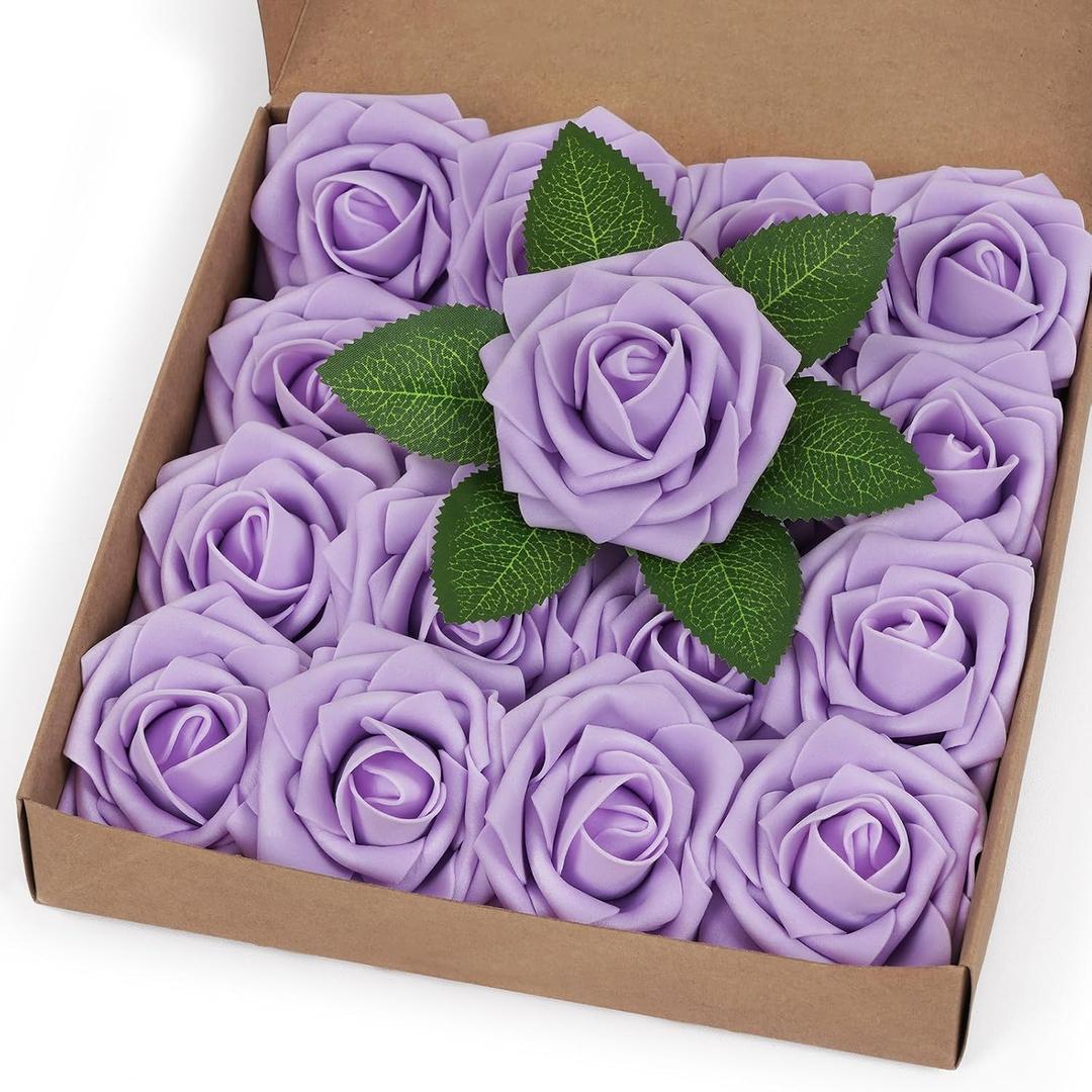 BLEUM CADE 16Pcs Artificial Flowers Fake Roses with Stems, Purple Boxed Foam Roses for DIY Bouquets Centerpieces Wedding Party Arrangement Bridal Shower Decor