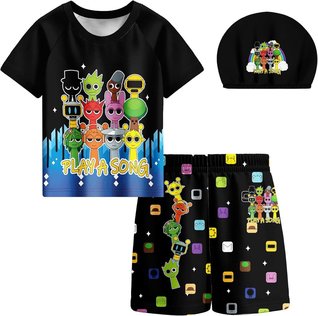 Boys Swimwear 3Pcs Sets Kids Music Game Tee Swimsuit with Swimming Cap for 5-12Y Adventure Child Clothes (9-10 Years, Pureblack)