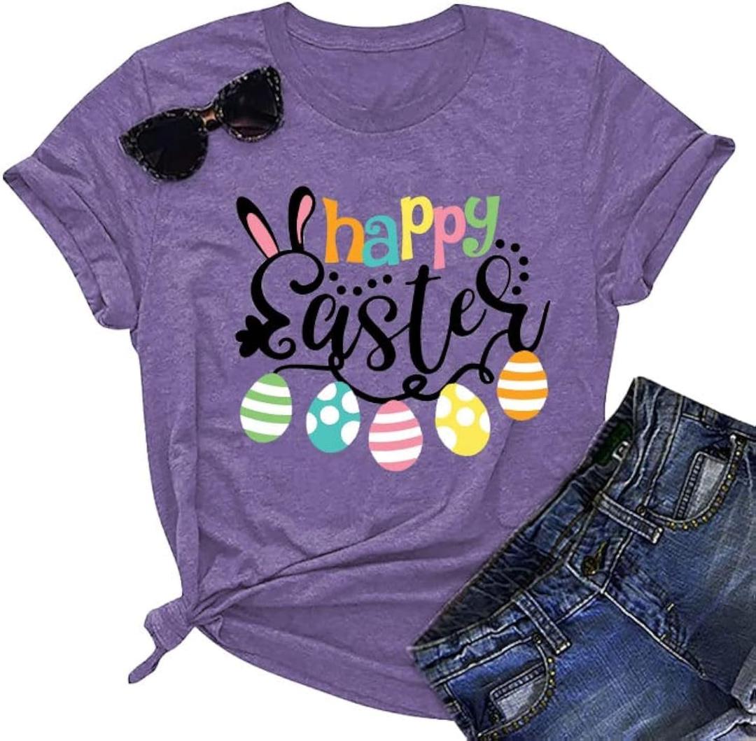 Happy Easter Shirts for Women Easter Bunny T-Shirt Rabbit Graphic Tees Easter Egg Holiday Shirt Tops (Purple, L)
