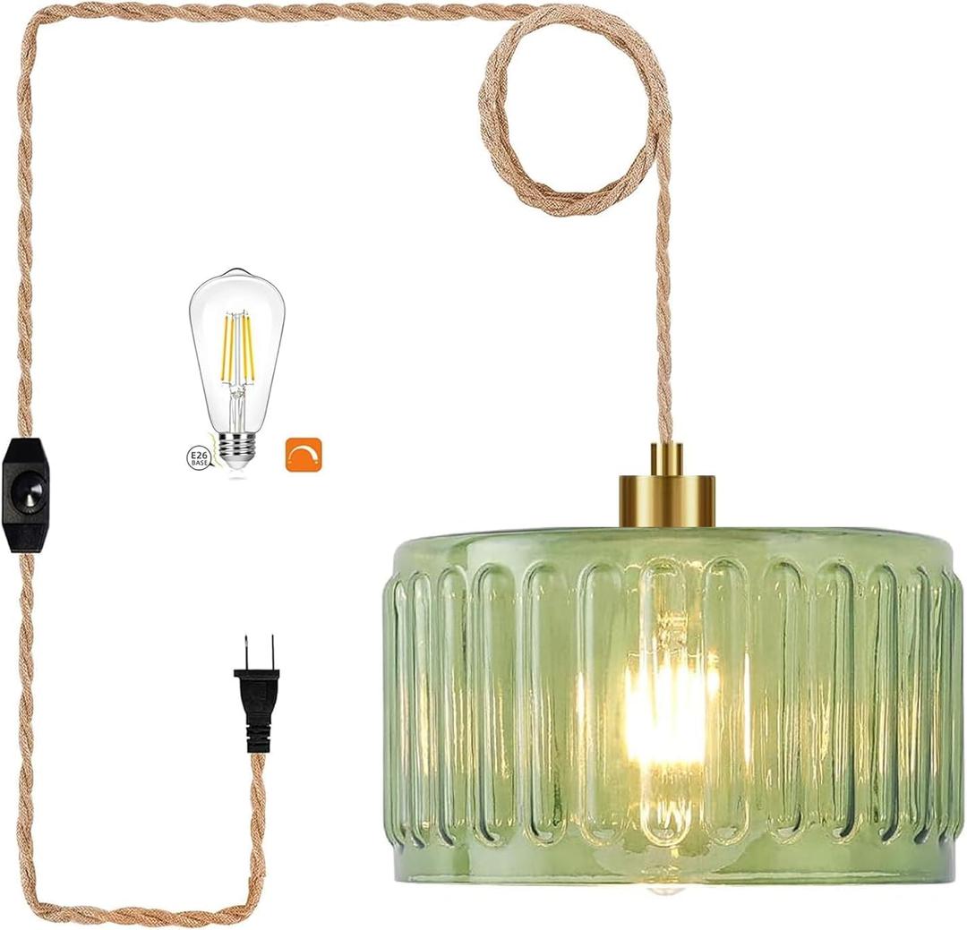 QIYIZM Plug in Pendant Light Hanging Lights with Plug in Cord Boho Hanging Lamp Glass Gold Mid Century Modern Vintage Dimmable Green Flower Plug in Chandelier Ceiling Fixture for Living Room,Kitchen