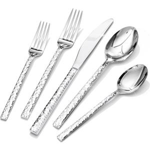 KINGSTONE 20 Piece Hammered Silverware Set, 18/10 Stainless Steel Flatware Set for 4, Cutlery Set for Home, Party, Wedding, Mirror Polished Dishwasher Safe