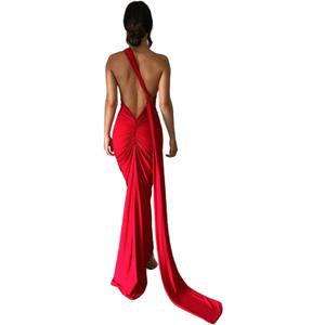 Women's Sexy One Shoulder Backless Maxi Dress Elegant Ruched O Ring Sleeveless Evening Dress Long Gown Cocktail Dress (Medium, Red)