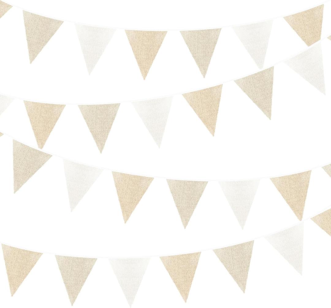 46Ft Burlap Party Decorations White Beige Burlap Banner Triangle Pennant Flag Linen Bunting Garland Streamers for Vintage Birthday Wedding Rustic Baby Shower Engagement Easter Party Decorations