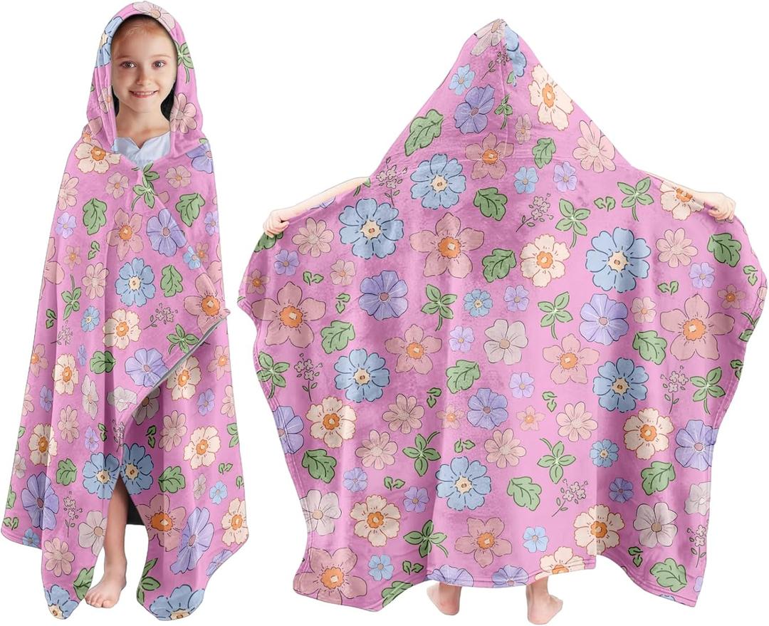 Girls Hooded Bath Towel, Toddler Bath Towel 30"X50", Cute Flower Poncho Towels for Girls Boys, Absorbent Bath Towels Perfect for Kids Pool Bath Beach Swim