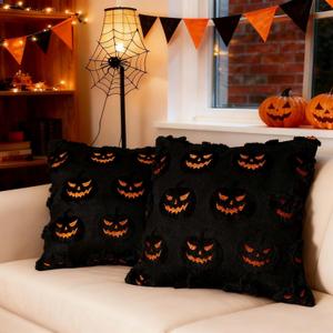 Halloween Evil Pumpkin Throw Pillow Covers 18x18 Set Of 2 Fall Decorations Indoor Soft Plush Faux Wool Cushion Pillowcase Party For Couch Sofa Bed Living Room Holiday Home Decor (Evil Black Pumpkin)