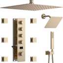 Brushed Gold Shower System Temperature Display Shower Faucet Set with 12 inch and 8 inch Full Body Shower Head, with 6 PCS Body Jet and Handheld Spray