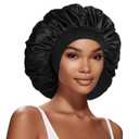 Extra Large Satin Bonnet Hair Cap, 17inches Silk Bonnet for Sleeping, Jumbo Silk Sleep Cap for Women Braids Curly Hair Locs (Black)
