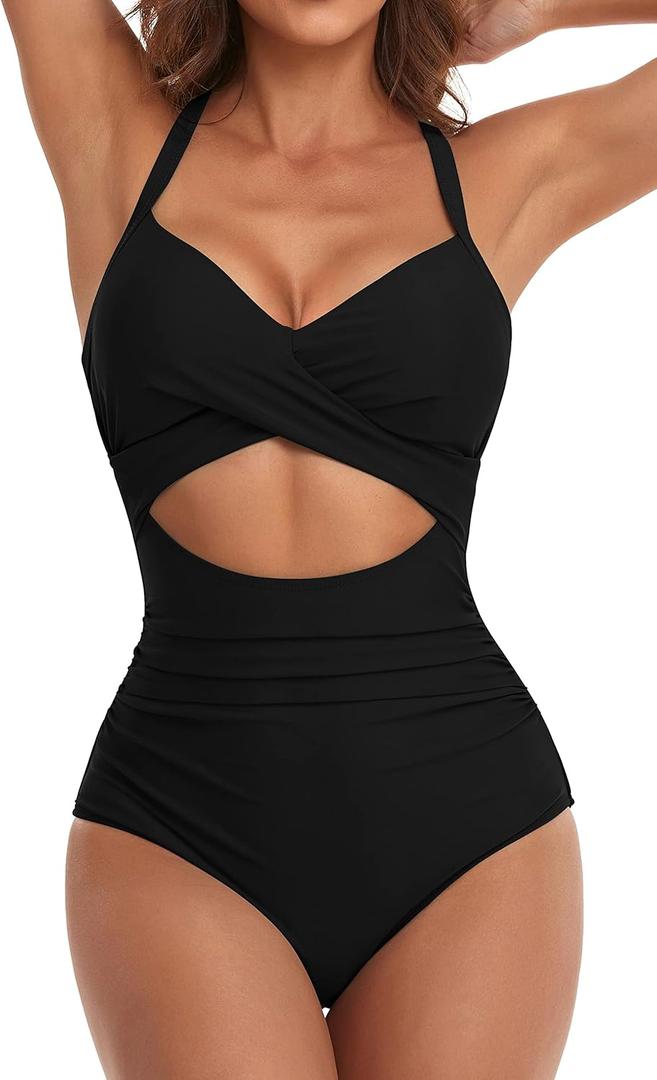 Eomenie Women's One Piece Swimsuits Tummy Control Cutout High Waisted Bathing Suit Wrap Tie Back 1 Piece Swimsuit (Black, S)