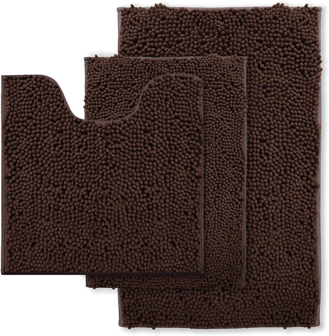 Bath Rug Set 3 Piece Luxury Chenille Extra Soft and Absorbent Shaggy Bathroom Mat Rugs, Machine Washable, Non-Slip Plush Carpet Runner for Tub, Shower, (Brown) Home Decor Bathroom Accessories