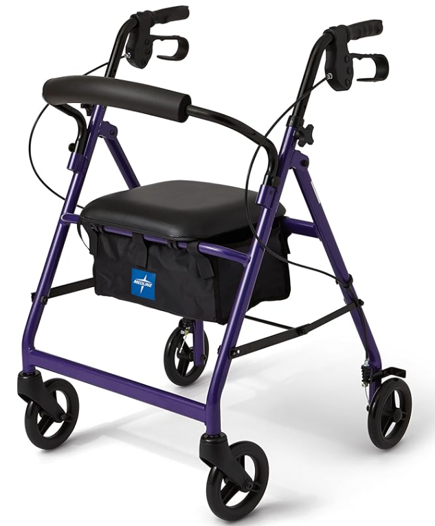 Medline Aluminum Rollator Walker with Seat, Purple, 250 lb. Weight Capacity, Lightweight, 6” Wheels, Foldable, Adjustable Handles, Rolling Walker for Seniors 