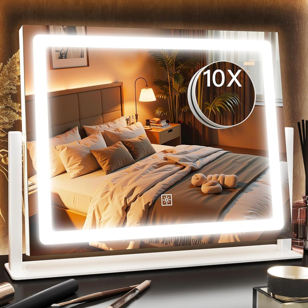 12" x16" Vanity Mirror with Lights, LED Makeup Mirror with Lights,10X Magnification Mirror with 360°Rotation, 3 Color Modes＆ Dimmable, LED Mirror for Desk, Travel, White