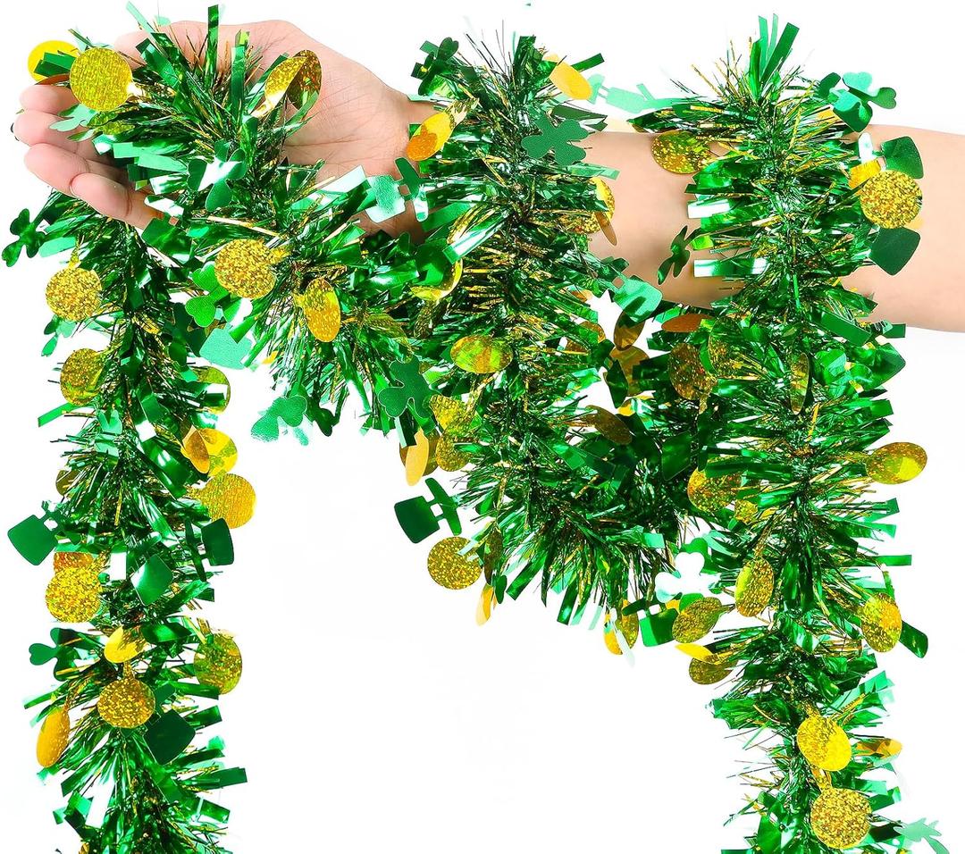 FOIMAS 33 Feet St Patrick's Day Tinsel Garland,Mentallic Green and Gold Shamrock Clover Hanging Garland with Hat Lucky Coin Confetti for St Patrick's Day Wreath Home DIY Craft Decoration, Green & Gold