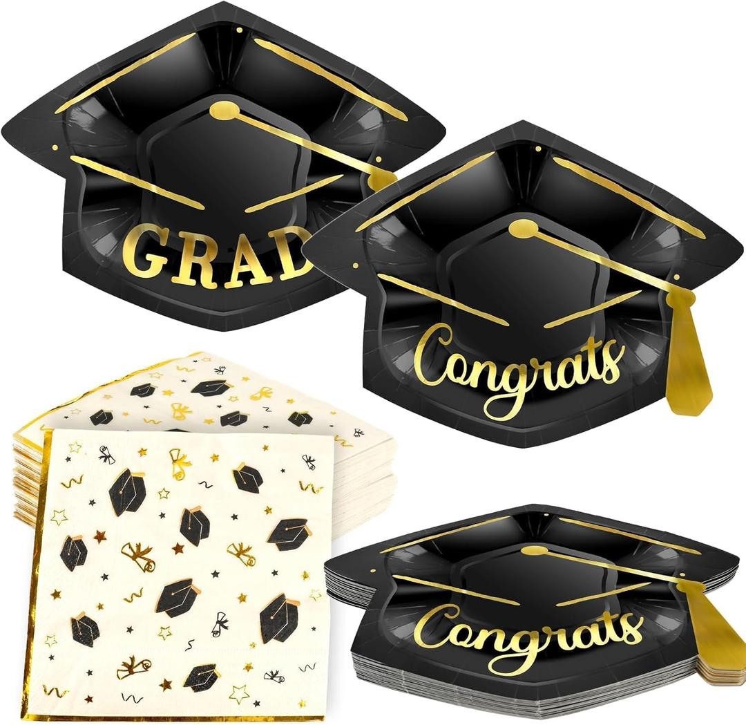 OuMuaMua Graduation Party Supplies Tableware Set,100Pcs Grad Cap-Shaped Paper Plates and Napkins For Class of 2026 College High School Congrats Graduation Party Decorations Favors, Serve 50