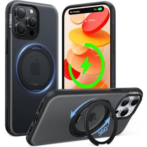 TORRAS 360 Magnetic Stand for iPhone 15 Pro Case, [Fit for MagSafe] [Rotatable Stable Stand] Military-Grade Shockproof Slim Anti-Scratch Back, O-Fitness Series, Obsidian Black, Translucent