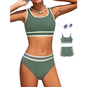 Girls Swimsuits 3 Piece Bathing Suit Bikini Set with Sporty Shorts and Sunglasses Beach Swimwear for Girl Size: 12-13 Years (Army Green)