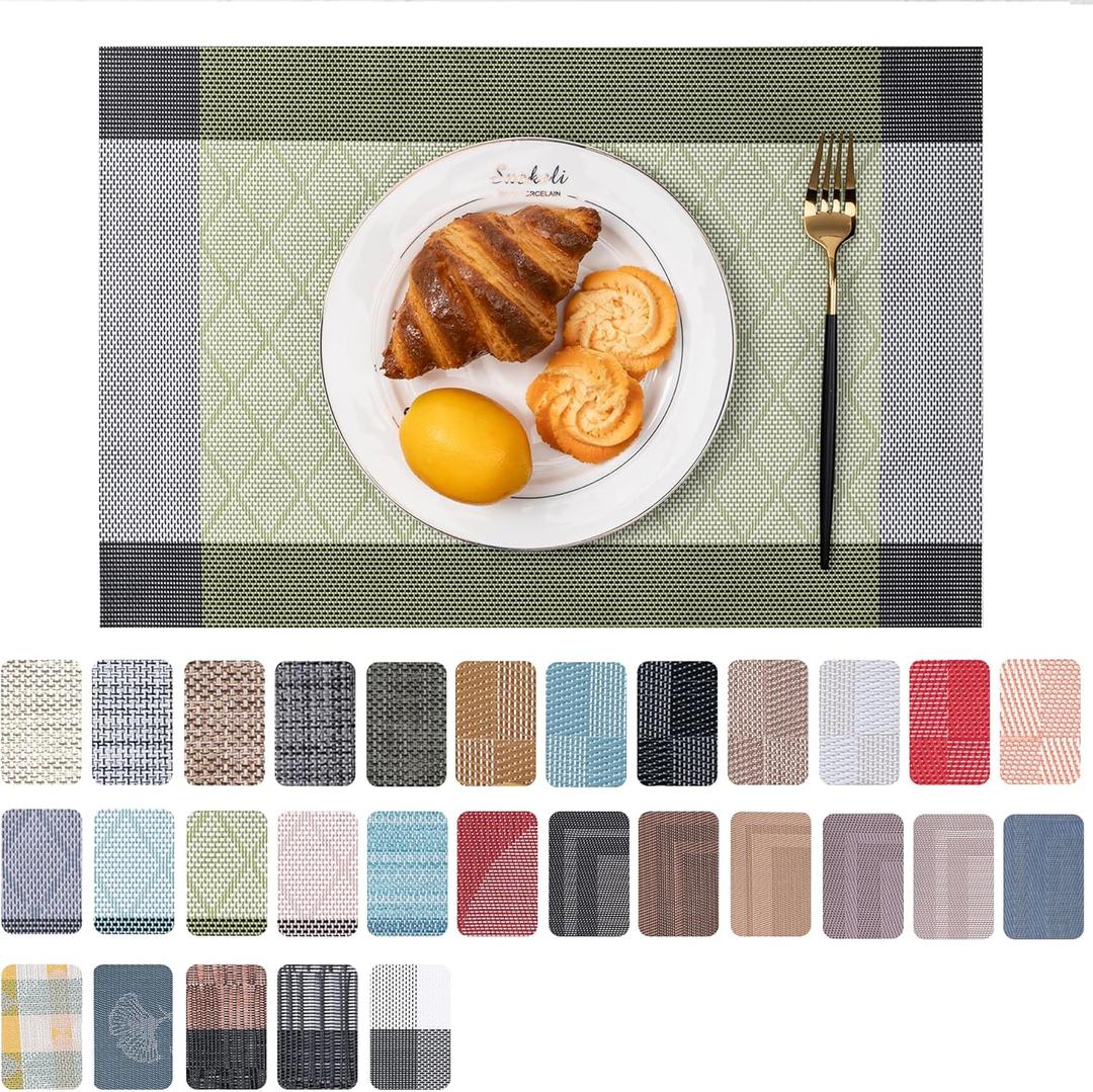 CADONO Placemats Set of 6 Washable Indoor/Outdoor Vinyl Place Mats for Dining Table Durable Non-Slip Heat Resistant PVC Weave Table MatsRhombus-Green