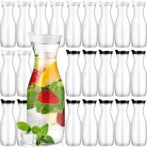 Gejoy 24 Pcs Plastic Water Carafe with Lids 32 oz Clear Juice Pitchers for Mimosa Bar Drinks Milk Iced Tea Beverage Containers for Home Restaurant School Fridge, Not Dishwasher Safe (White, Black Cap)