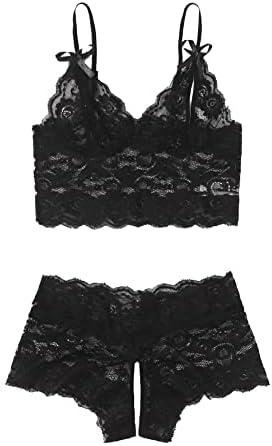 SweatyRocks Women's 2 Piece Lingerie Set Sheer Lace Cut Out Bra and Panty Teddy Lingerie, Black, XL