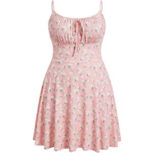 Verdusa Women's Plus Size Floral Summer Dresses Boho Short Sundress Holiday Cami Flowy Dress (XX-Large Plus, Pink)