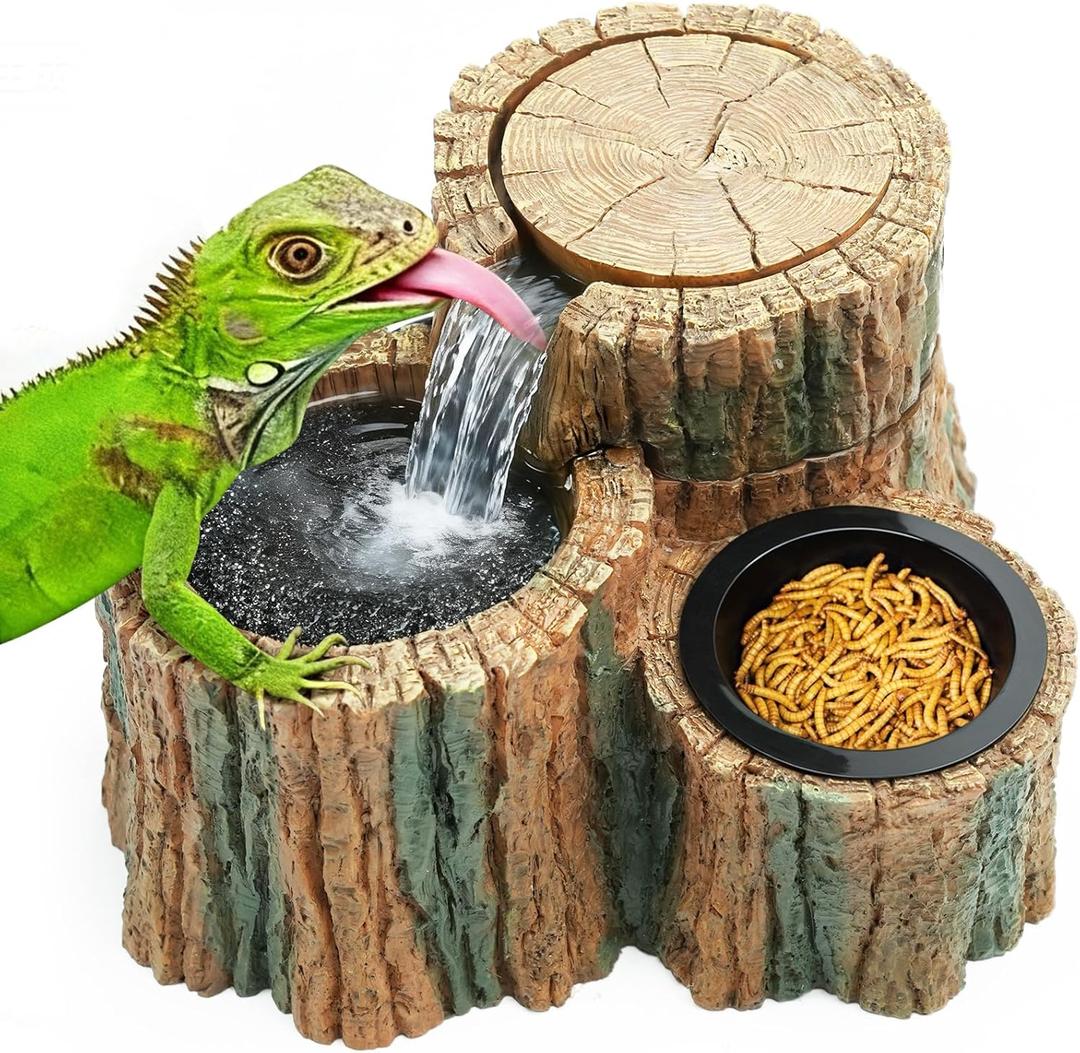 MIXJOY Reptile Water Fountain with Food Dish 550ML, 2 in 1 Reptile Waterfall Drinking Fountain, Reptile Water Dispenser for Bearded Dragon, Gecko, Leopard, Lizard, Chameleon, Tree Frog