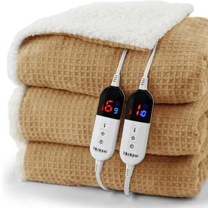 blunique Heated Blanket Electric Blanket Queen Waffle, 84x90 Inches Dual Controllers Sherpa Fleece Fast Heating Blanket 6 Heating Levels & 10 Hours Auto Off ETL Certification, Apricot Orange Queen