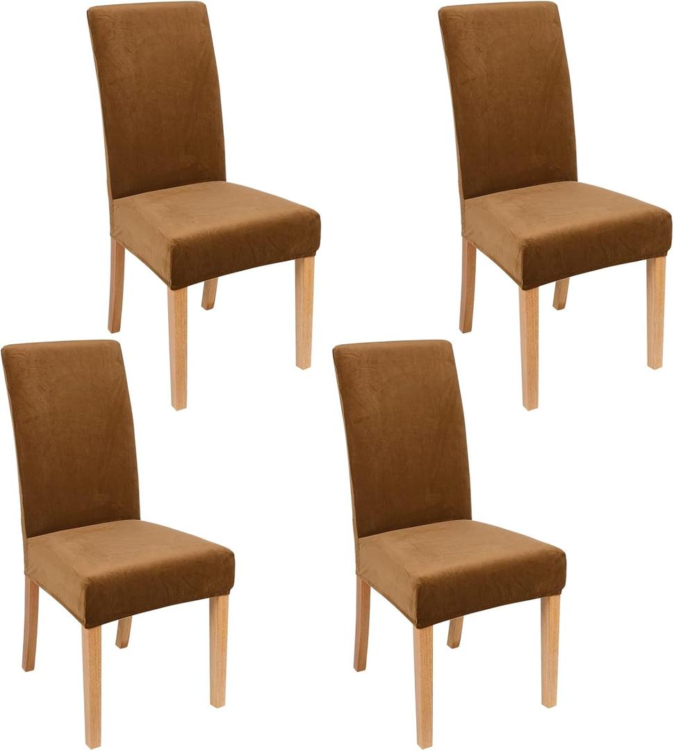 Smiry Velvet Stretch Chair Covers for Dining Room Set of 4, Soft Fit Removable Washable Kitchen Parsons Chair Slipcover Protector, Camel