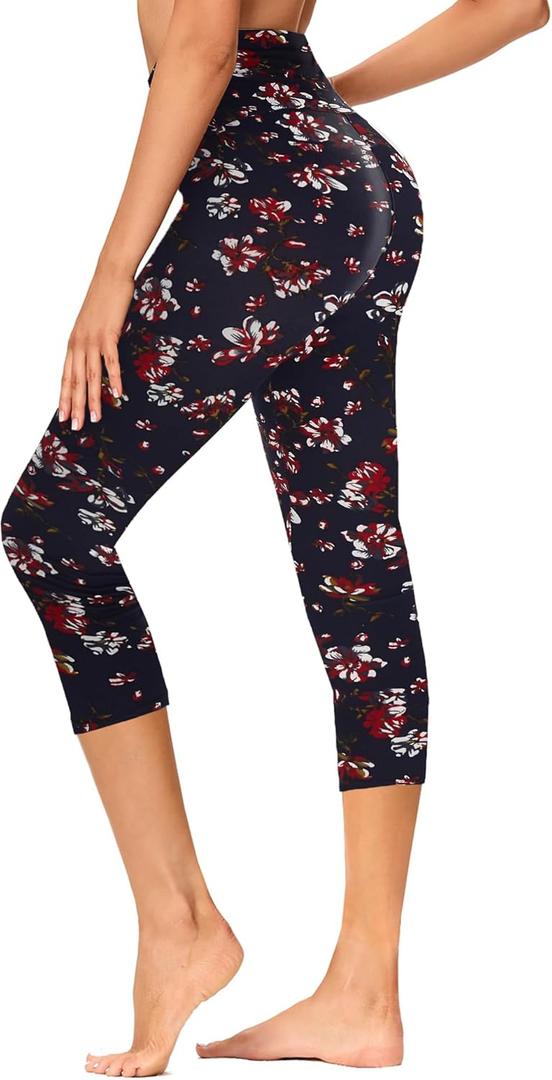 GAYHAY High Waisted Capri Leggings for Women - Soft Slim Yoga Pants for Running Cycling Workout (Large-X-Large, B-black Floral)