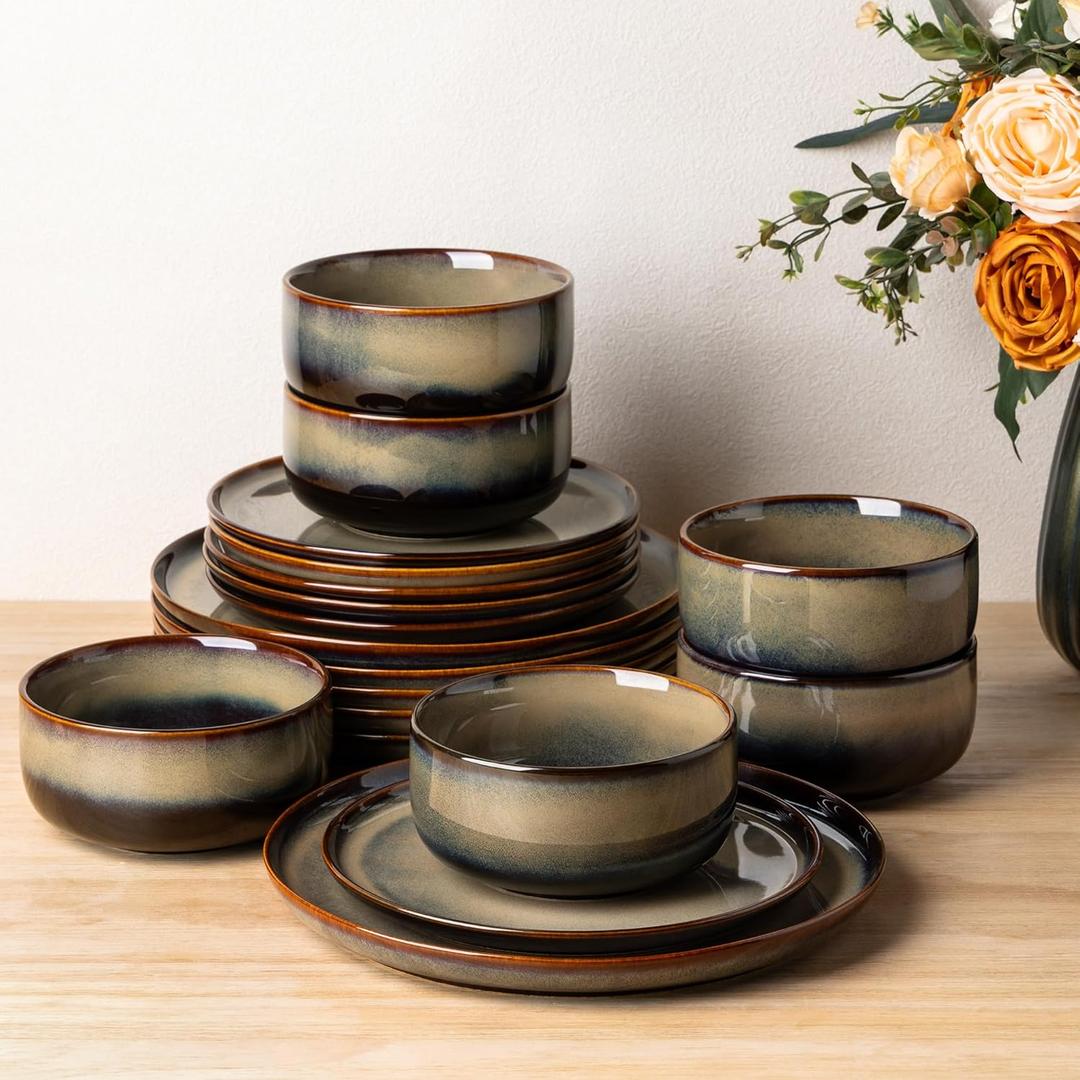 TheTerra Ceramic Dinnerware Sets for 6, 18 Pieces Handmade Reactive Glaze Plates and Bowls Set, Scratch Resistant Dish Set, Oven & Microwave & Dishwasher Safe, Coca Mocha