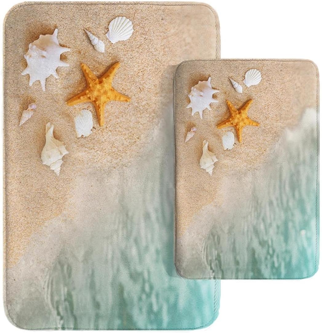 Britimes Beach Starfish Sea Shell Ocean Bathroom Rug Mat Set of 2, Washable Cover Floor Rug Carpets Floor Bath Mat Bathroom Decorations 16x24 and 20x32 Inches