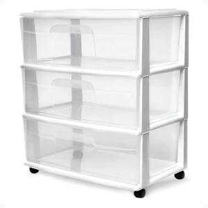 HOMZ Drawer Tower, 3-Tier Wide Clear Plastic Storage Organizer Cart, White Frame - Rolling Containers with Wheels for Bathroom, Bedroom, Office, and Classroom Organization