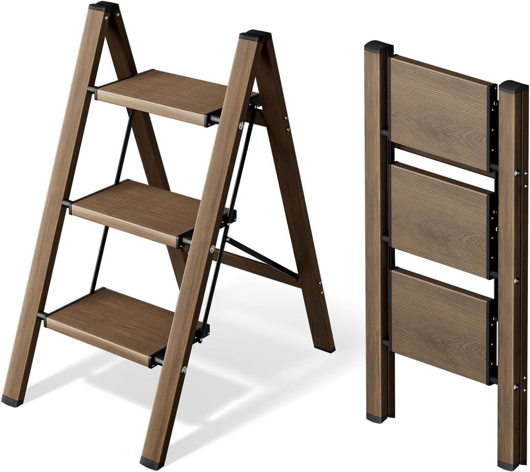 HillhutApex 3 Step Ladder, Lightweight Portable 3 Step Stool with Anti-Slip Wide Pedal,330lbs Capacity Aluminum Ladder for Household,Office,Library(Walnut)