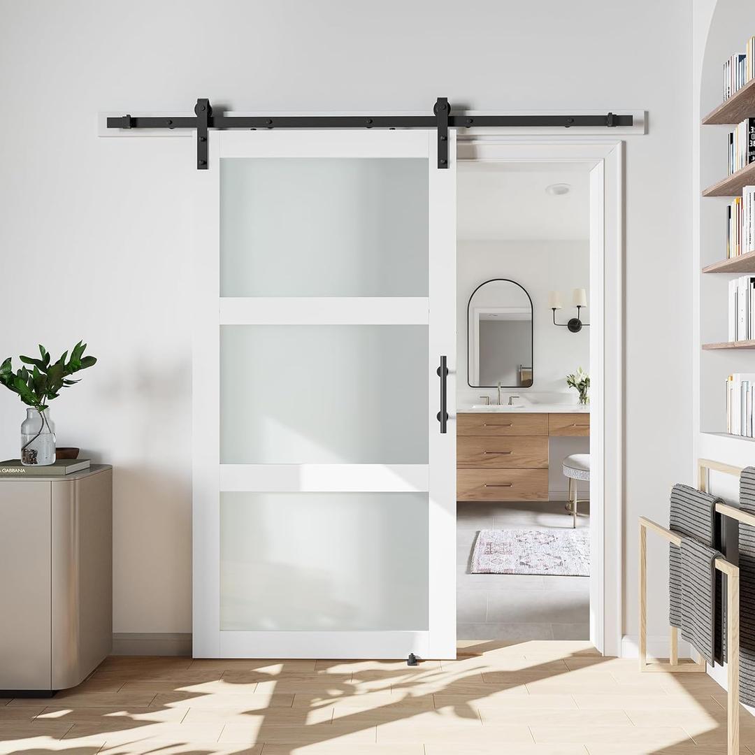 38" x 80" Sliding Glass Barn Door with 6.6FT Barn Door Hardware Kit Included, Assemblely Needed, Waterproof PVC Surface, White, 3 Panels Frosted Glass