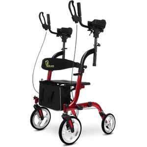 WINLOVE Upright Rollator Walkers for Seniors Stand Up Aluminium Tall Walker Light Weight for Rolling Mobility Walking Aids Light Red