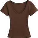 Casual Loose Fit V-Neck Tee Women's Solid Color Short Sleeve Regular Sleeve
, Brown, M